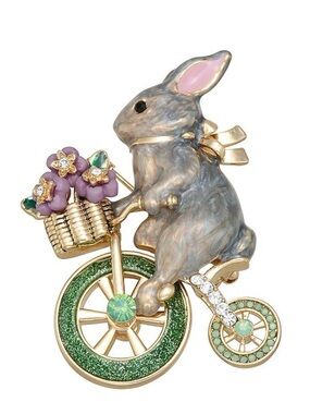 New Napier Rabbit on Bicycle Brooch with Pink Flowers and Green Wheels